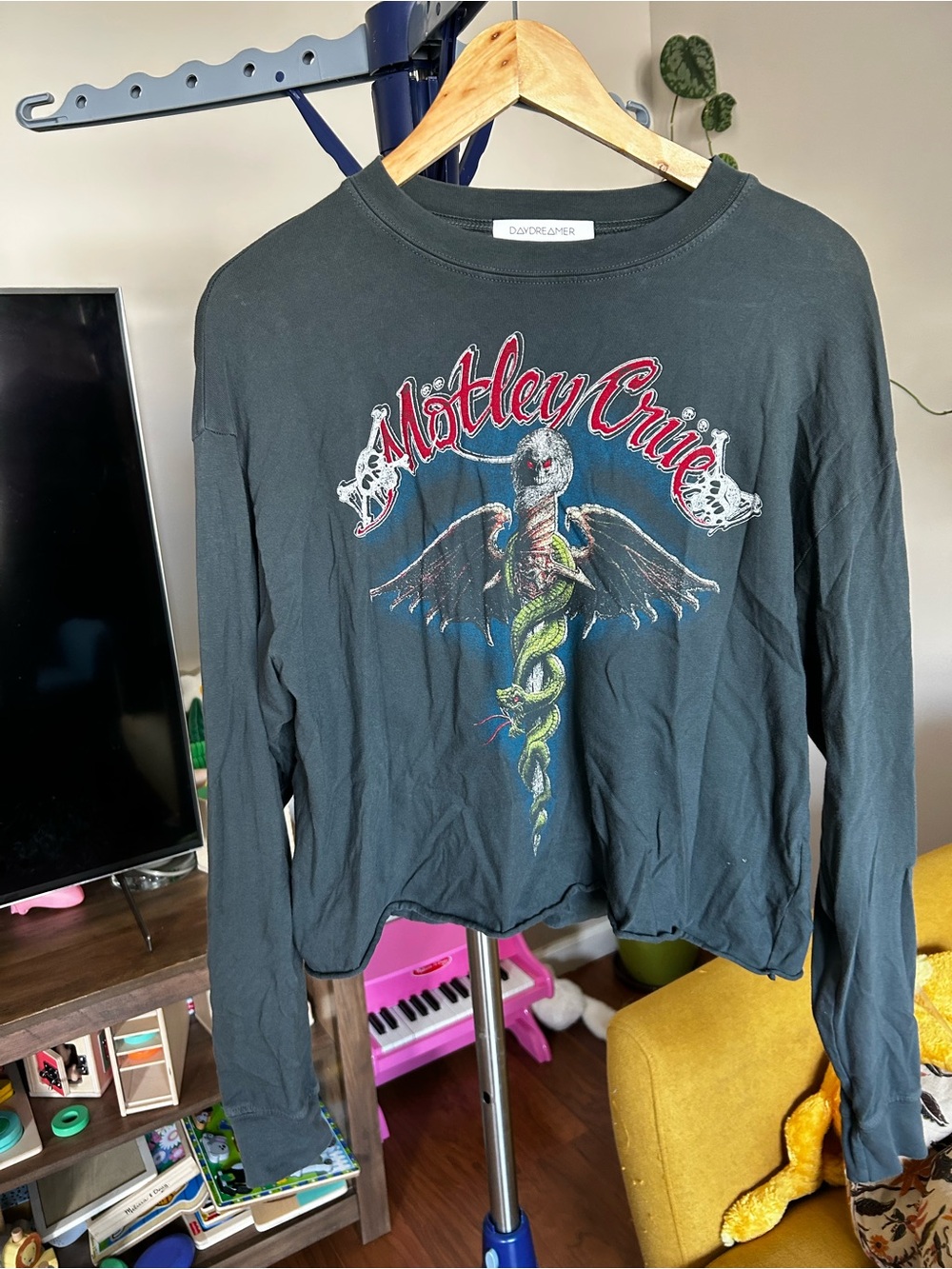 Daydreamer Motley Crue Black Graphic Band Tee with Red and Blue Print